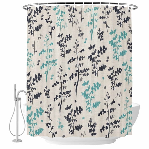 Aqua Grey Botanical Shower Curtain, Waterproof Shower Curtains for Bathroom, Rustic Country Spring Floral Summer Leafv Washable Fabric Bathtub Curtain Set Bath Decor with 12 Hooks Long 72"x84"