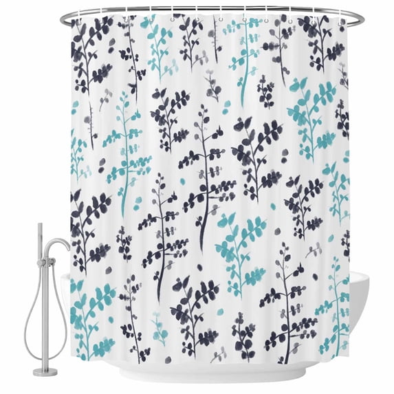 Aqua Grey Botanical Shower Curtain, Waterproof Shower Curtains for Bathroom, Watercolor Spring Floral Summer Leaf Washable Fabric Bathtub Curtain Set Bath Decor with 12 Hooks Standard 72"x72"