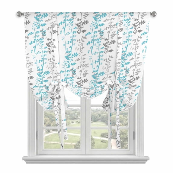 Aqua Grey Botanical Tie Up Curtains 45 Inches Long, Kitchen Window Curtains Over Sink, Spring Floral Summer Farmhouse Small Window Curtains Shade Balloon Curtains Valances for Bedroom/Cafe 34"x45"