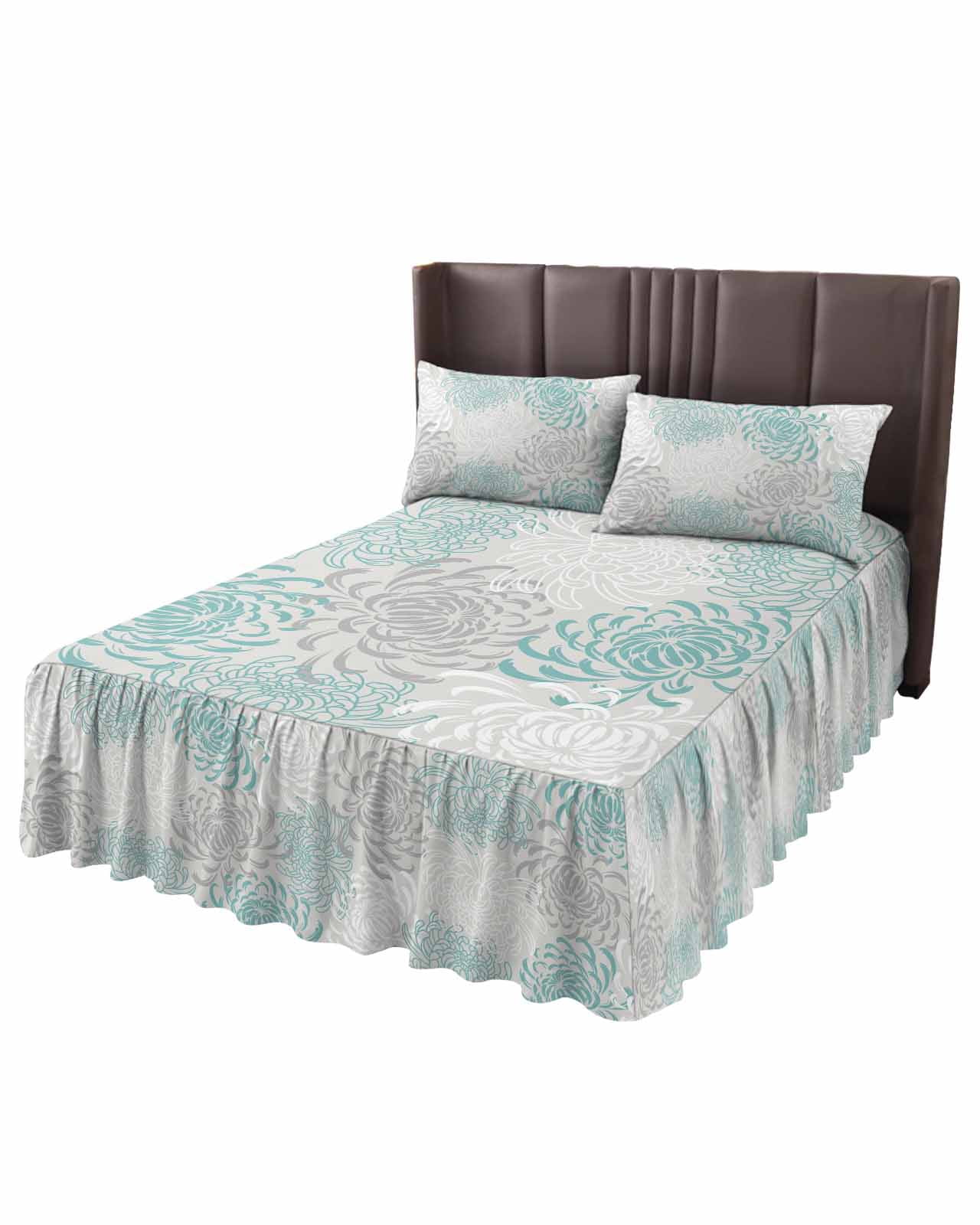 Aqua Grey Chrysanthemum Bed Skirt Full Size 18 Inch Drop, Farmhouse ...