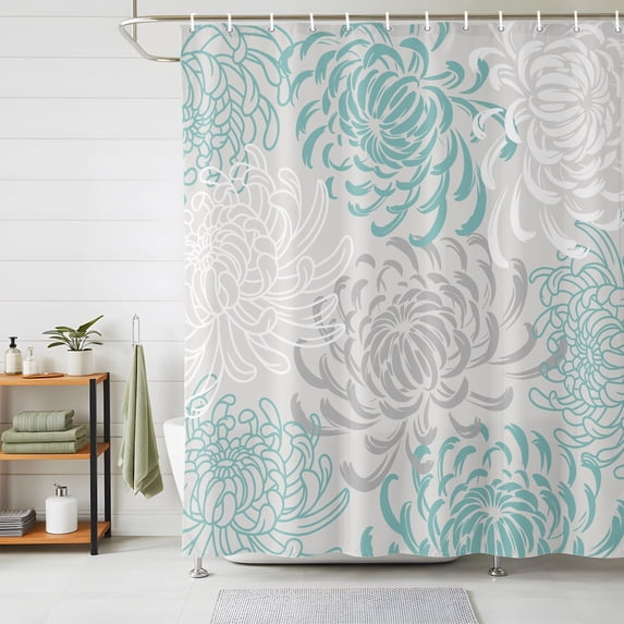 Aqua Grey Chrysanthemum Shower Curtains for Bathroom, Farmhouse Botanical Floral Modern Waterproof Fabric Shower Curtain, Decorative Bathroom Curtain for Bathtub, 72"x78" , No Hooks Included