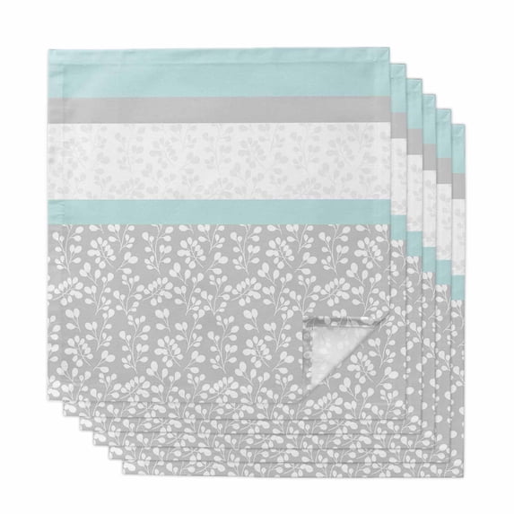 Aqua Grey Cloth Napkins, Chic Garden Floral Stripe Embroidery Design Washable and Reusable Dinner Napkins Set of 6, Table Napkin for Kitchen Party Birthday Wedding Hotel Housewarming 20"x20"