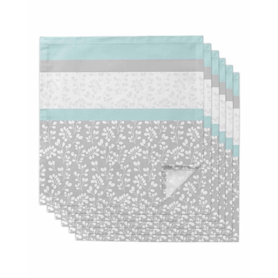Aqua Grey Cloth Napkins Set of 6 Reusable Dinner Napkins, Chic Garden Floral Stripe Embroidery Design Cocktail Napkin Washable Table Napkins for Wedding/Holiday Party/Baby Shower 20"x20"