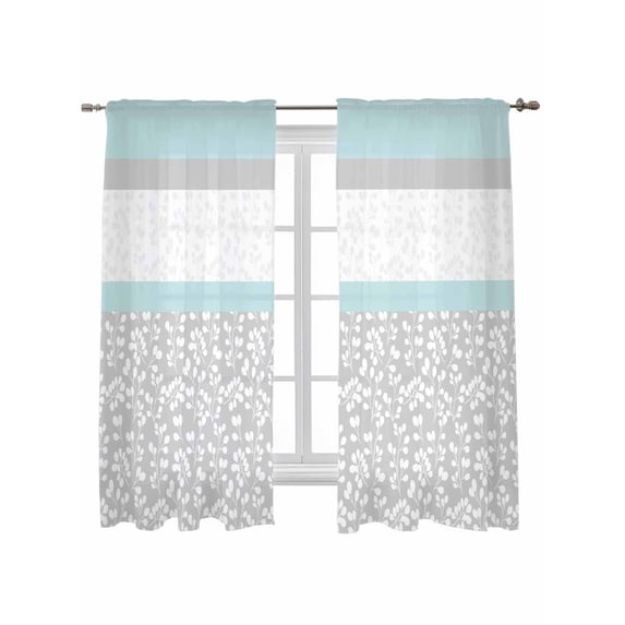 Aqua Grey Curtains 63 Inch Length, Sheer Curtains for Bedroom Living Room Window Chic Garden Floral Stripe Embroidery Design Rod Pocket Drapes Kitchen Curtains Small Half Window 42"x63" 2 Panels