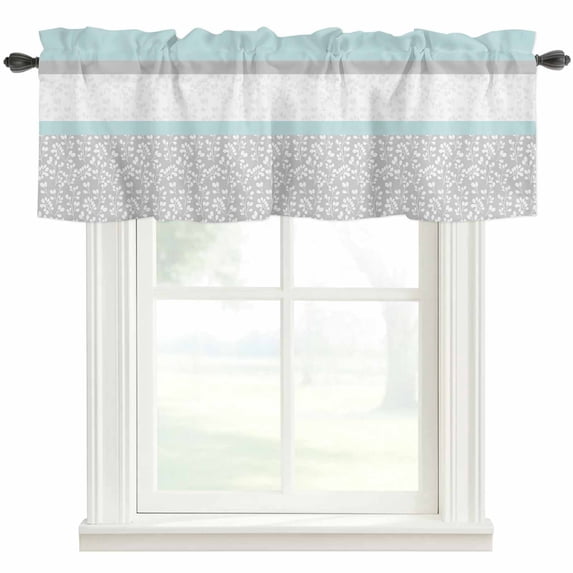 Aqua Grey Farmhouse Short Window Curtain Valances, Chic Garden Floral Stripe Embroidery Design Rod Pocket Kitchen Valances for Living Room Bedroom Bathroom Cafe 42" x 18"