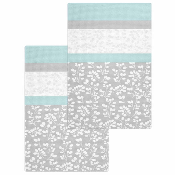 Aqua Grey Hand Towels Set,Waffle Weave Kitchen Towels 2 Pieces,Chic Garden Floral Stripe Embroidery Design Microfiber Hair Face Bath Tea Towel Absorbent Quick Drying Cleaning Dish Cloths,15.7"x23.6"