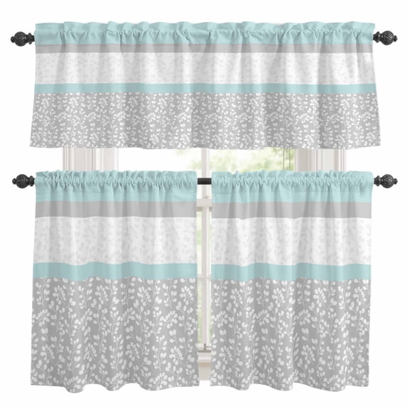 Aqua Grey Kitchen Curtains Sets for Windows 36 Inch Length, Chic Garden Floral Stripe Embroidery Design Rod Pocket Window Treatments Tier Curtains and Valances Set for Bedroom/Bathroom