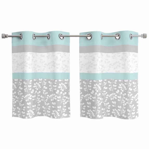 Aqua Grey Kitchen Curtains Small Short 39 Inch Length, Chic Garden Floral Stripe Embroidery Design Grommet Top Bedroom Living Room Curtains, Light Filtering Cafe Curtain Drapes 2 Panels Set 55''x39''