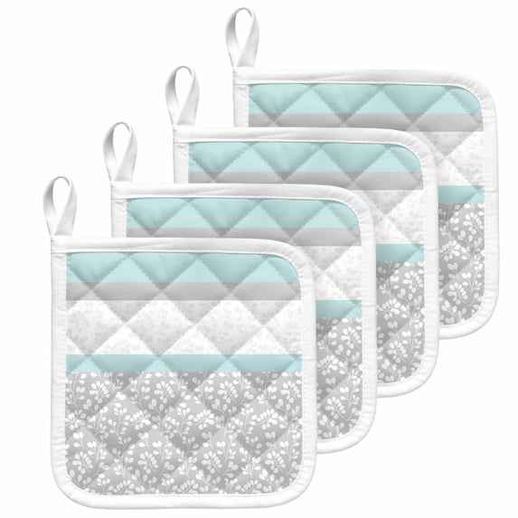 Aqua Grey Pot Holders for Kitchen Heatproof Potholder, 4 Pack Chic Garden Floral Stripe Embroidery Design Hot Pads Multipurpose Oven Pads Cloth Potholders Trivet for Cooking and Baking