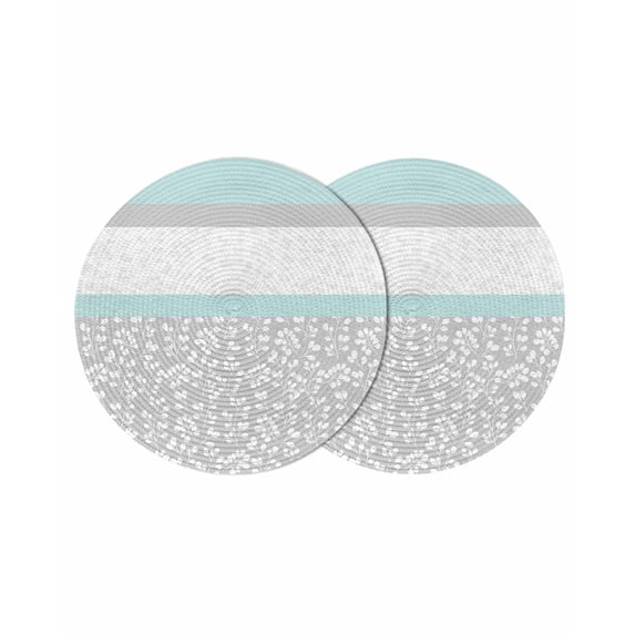 Aqua Grey Round 15 Inch Placemats Set of 2, Chic Garden Floral Stripe Embroidery Design HeatResistant Non Slip Place Mats for Dining Table, Wipeable Braided Kitchen Table Mats for Housewarming