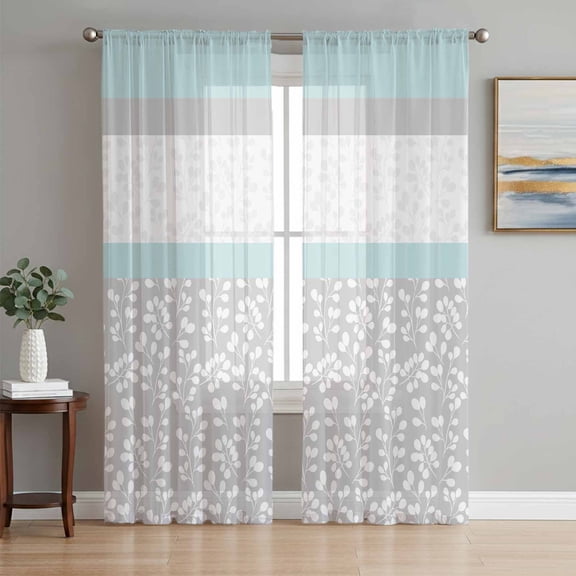 Aqua Grey Semi Sheer Window Curtains 63 Inches Long, Chic Garden Floral Stripe Embroidery Design Rod Pocket Voile Silky Chiffon Curtain Light Filtering Drapes for Living Room, 52"x63", 2 Panels