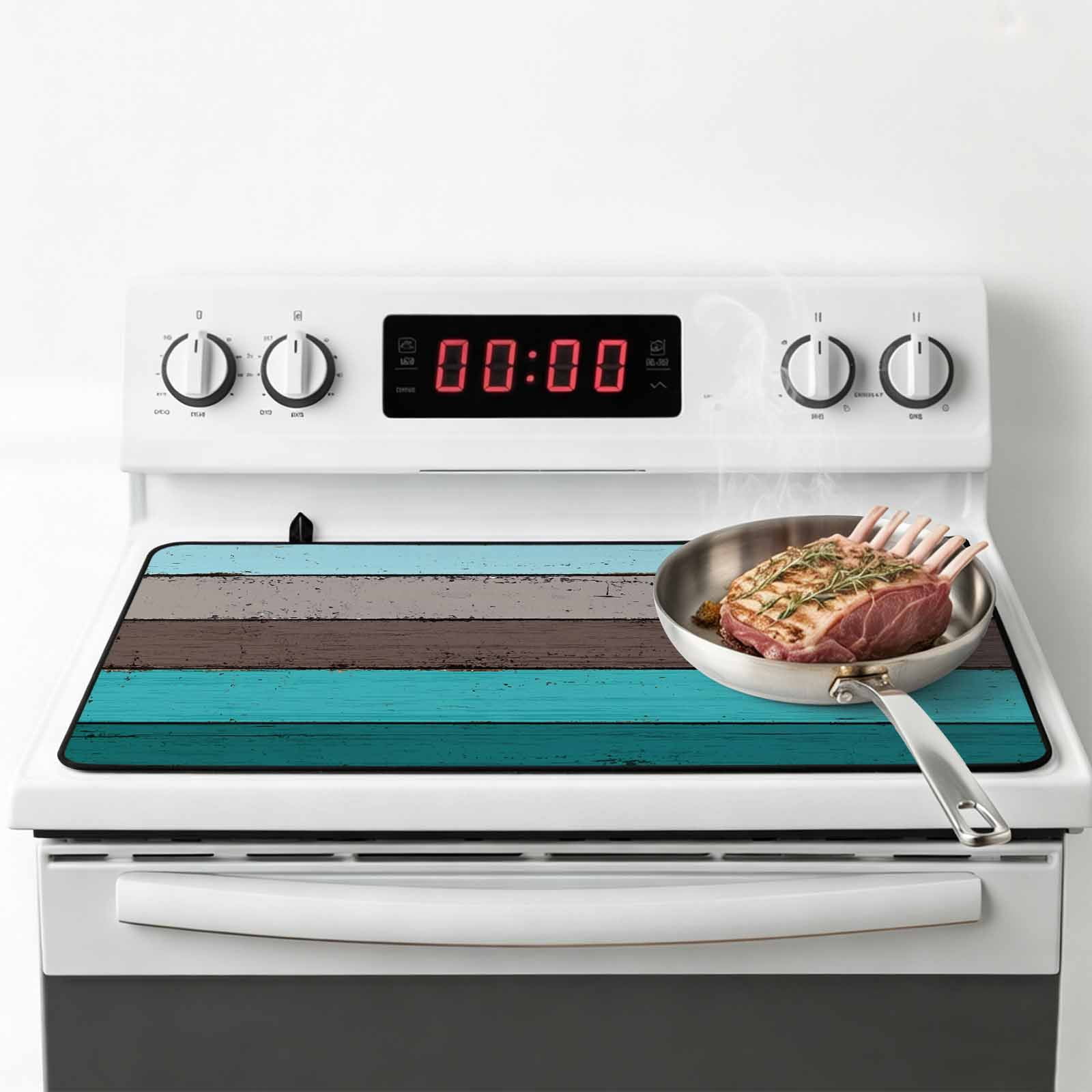 Aqua Grey Stove Top Cover for Electric Stove, Heat-proof & Non Slip Glass Top Stove Cover Protector, Vintage Stripe Farmhouse Wood Grain Ombre Kitchen Flat Cooktop Rubber Mat 31x24 Inches