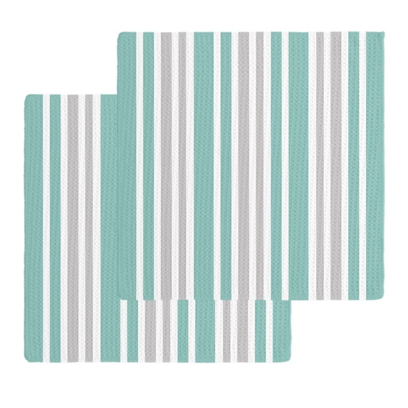Aqua Grey Stripe Kitchen Dish Towels for Drying Dishes Set of 2, Farmhouse Minimalist Striped Waffle Weave Microfiber Hand Tea Bathroom Towels Quick Dry & Absorbent Towel 12x12