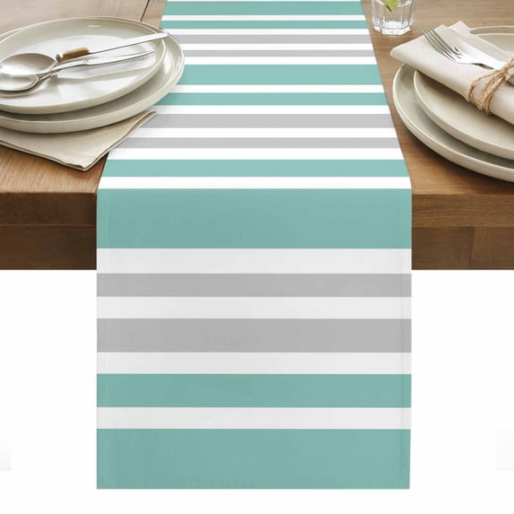 Aqua Grey Stripe Table Runner - 72 Inch Long, Kitchen Dining Table Runner Dresser Scarves, Farmhouse Minimalist Striped Farmhouse Decor for Coffee Tables Wedding Party Banquet