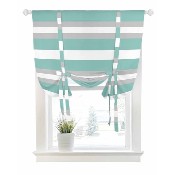 Aqua Grey Stripe Tie Up Curtains for Window, Thermal Insulated Balloon Shade Adjustable Rod Pocket Curtains Valance Panels for Kitchen Bathroom Cafe 46 x 63 Minimalist Farmhouse Striped