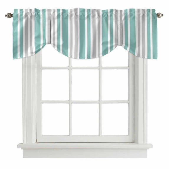 Aqua Grey Stripe Tie Up Valance Curtains for Windows, Kitchen Curtains Window Treatments, Farmhouse Minimalist Striped Short Window Shades Valances for Bedroom Bathroom Cafe 42"x12"