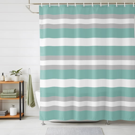 Aqua Grey White Stripe Shower Curtains for Bathroom, Rustic Modern Turquoise Striped Waterproof Fabric Shower Curtain, Decorative Bathroom Curtain for Bathtub, 66"x72" , No Hooks Included