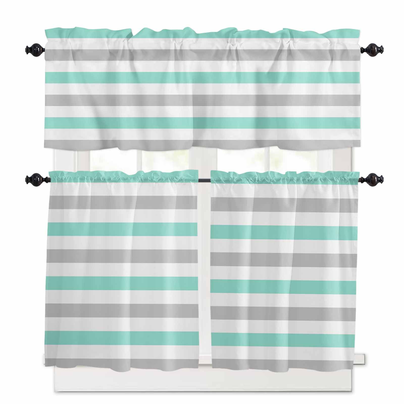 Aqua Grey White Striped Kitchen Curtains Valance and Tier Set Modern ...