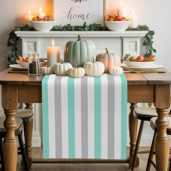 Aqua Grey White Stripes Cotton Linen Table Runner, Washable Table Runners for Kitchen, Dining Room, Holiday, Home Party Table Decor, 13x108 Inches