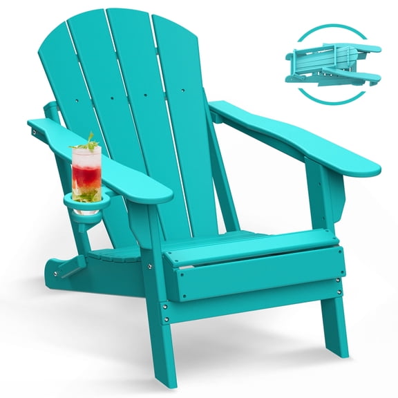 Aqua HDPE Adirondack Chair - Weather Resistant Fire Pit Seating with Cup Holders for Patio Backyard Deck