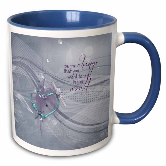 3drose, Aqua Heart Ribbon, Diploma, Jewels, Be the Change, Lavender Abstract, 15oz Two-tone Blue Mug