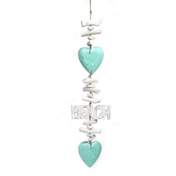 Aqua Hearts with the Word Beach on Seagrass Rope with Rocks and Driftwood Mobile