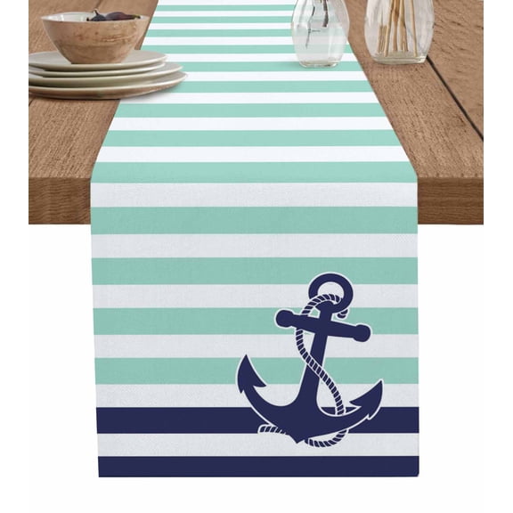 Aqua Horizontal Striped Short Table Runners 36 Inches, Cotton Linen Fabric Table Runner Dresser Scarf, Navy Anchor Nautical Coastal Tablerunner for Party/Kitchen/Dinner/Wedding Decor 13''x36''