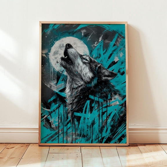 Aqua Howl Teal Black Wolf Graffiti Wall Art Home Decor Unframed Paper Print