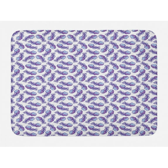 Aqua Jellyfish Bath Mat, Illustration of Scattered Fish Type Swimming Oceanic Environment Elements, Plush Bathroom Decor Mat with Non Slip Backing, 29.5" X 17.5", Violet White, by Ambesonne