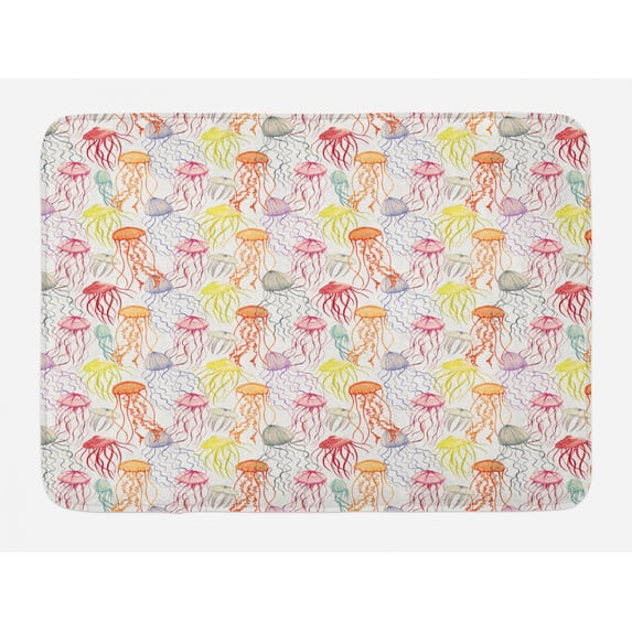 Aqua Jellyfish Bath Mat, Repetitive and Continuing Underwater Elements on a Plain Background, Plush Bathroom Decor Mat with Non Slip Backing, 29.5" X 17.5", Multicolor, by Ambesonne