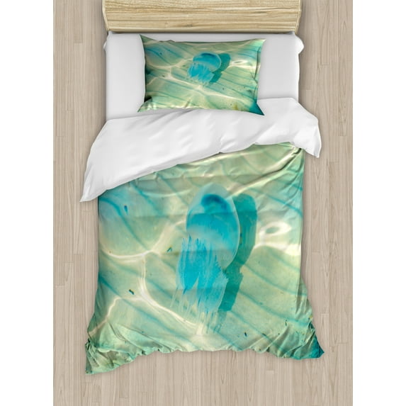 Aqua Jellyfish Duvet Cover Set, Calming Illustration of a Sea Creature Floating Aquatic Wildlife Scene, Decorative 2 Piece Bedding Set with 1 Pillow Shams, Twin Size, Blue Pale Green, by Ambesonne