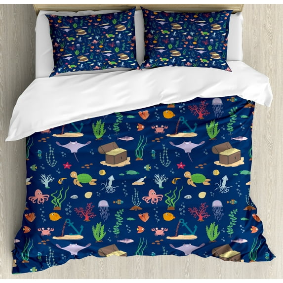 Aqua Jellyfish Duvet Cover Set, Demonstration of Underwater Elements Creatures Bubbles Sea Life, Decorative 3 Piece Bedding Set with 2 Pillow Shams, Queen Size, Night Blue Multicolor, by Ambesonne