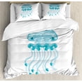 thumbnail image 1 of Aqua Jellyfish Duvet Cover Set, Print of a Single Image Marine Creature Floating Tropic Ocean Theme, Decorative 3 Piece Bedding Set with 2 Pillow Shams, Queen Size, Pale Blue and White, by Ambesonne, 1 of 3