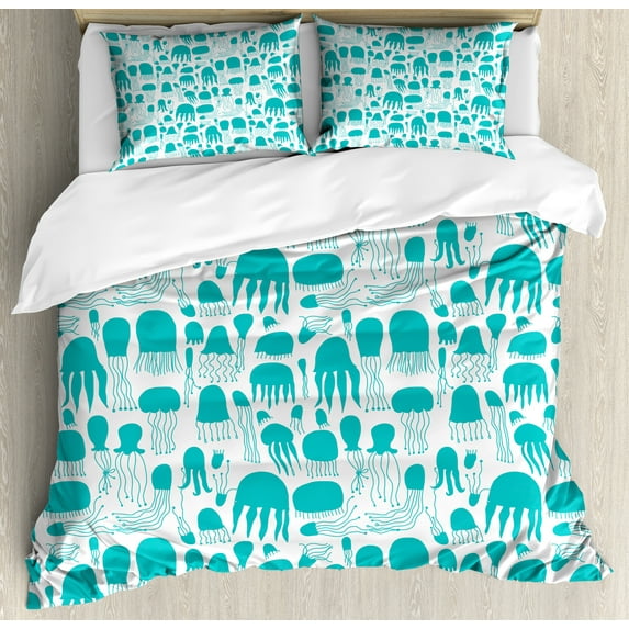 Aqua Jellyfish Duvet Cover Set, Simplistic Pattern of Sea Animal Silhouettes Tentacles Swimming, Decorative 3 Piece Bedding Set with 2 Pillow Shams, King Size, Dark Seafoam and White, by Ambesonne