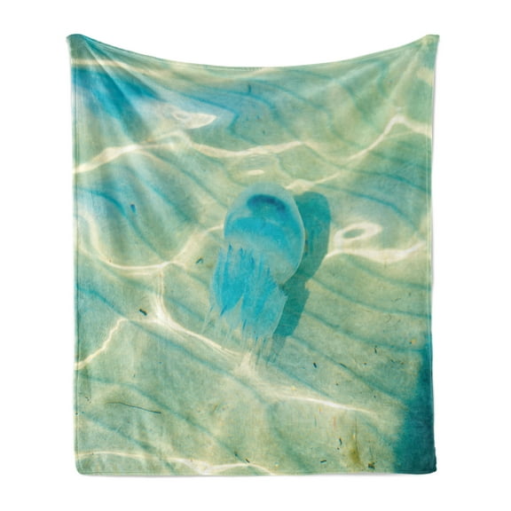 Aqua Jellyfish Soft Flannel Fleece Blanket, Calming Illustration of a Sea Creature Floating Aquatic Wildlife Scene, Cozy Plush for Indoor and Outdoor Use, 70" x 90", Blue Pale Green, by Ambesonne