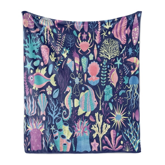 Aqua Jellyfish Soft Flannel Fleece Blanket, Colorful Various Underwater Plants Shells Fish Corals Algae, Cozy Plush for Indoor and Outdoor Use, 60" x 80", Night Blue and Multicolor, by Ambesonne