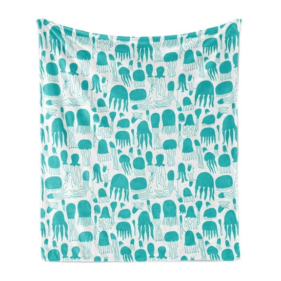 Aqua Jellyfish Soft Flannel Fleece Blanket, Simplistic Pattern of Sea Animal Silhouettes Tentacles Swimming, Cozy Plush for Indoor and Outdoor Use, 50" x 60", Dark Seafoam and White, by Ambesonne