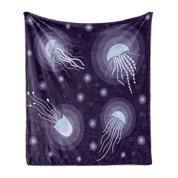 Aqua Jellyfish Soft Flannel Fleece Throw Blanket, Abstract Fantasy World Rounds and Creature Along Tentacles, Cozy Plush for Indoor and Outdoor Use, 50" x 70", Dark Purple and Baby Blue, by Ambesonne