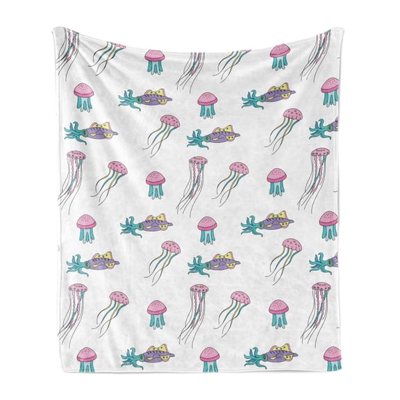 Aqua Jellyfish Soft Flannel Fleece Throw Blanket, Cartoon Style Childish Layout of Nautical Silhouettes Squid Marine Themed, Cozy Plush for Indoor and Outdoor Use, 50" x 60", Multicolor, by Ambesonne