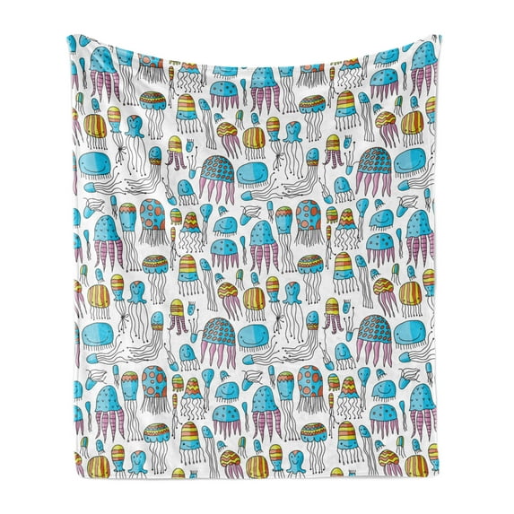 Aqua Jellyfish Soft Flannel Fleece Throw Blanket, Nursery Art Cartoon Style Smiling Funny Motifs Hand Drawn Like Doodle, Cozy Plush for Indoor and Outdoor Use, 70" x 90", Multicolor, by Ambesonne