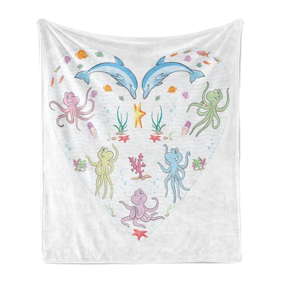 Aqua Jellyfish Soft Flannel Fleece Throw Blanket, Romantic Heart Formed in Ocean Creatures Plantation Octopus and Dolphins, Cozy Plush for Indoor and Outdoor Use, 60" x 80", Multicolor, by Ambesonne