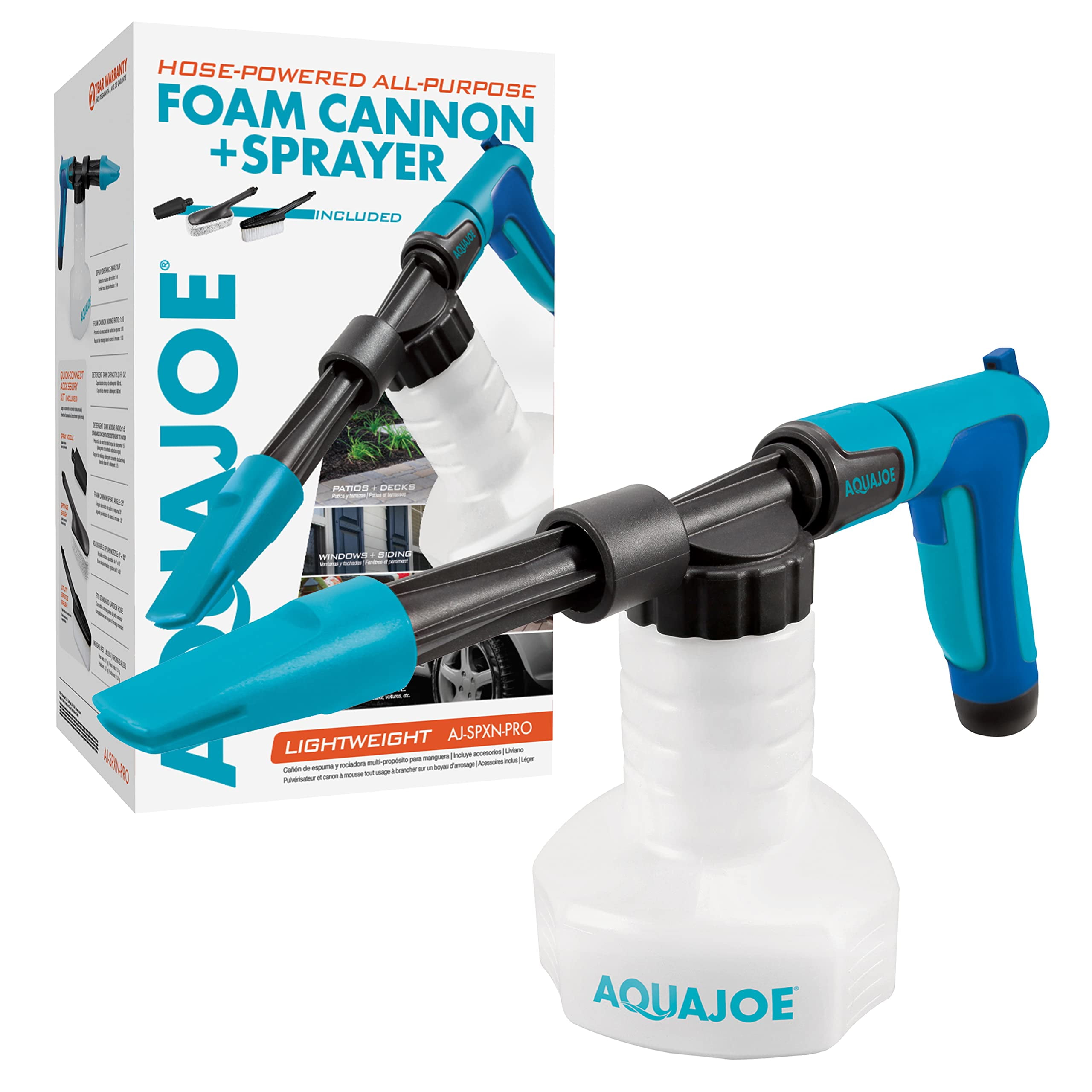 Aqua Joe AJ-SPXN-PRO 2-in-1 All-Purpose Garden Hose-Powered Adjustable Foam  Cannon Spray Gun Kit, w/Bristle Brush and Detailer Sponge Attachments,  Quick-Connect, Blue 