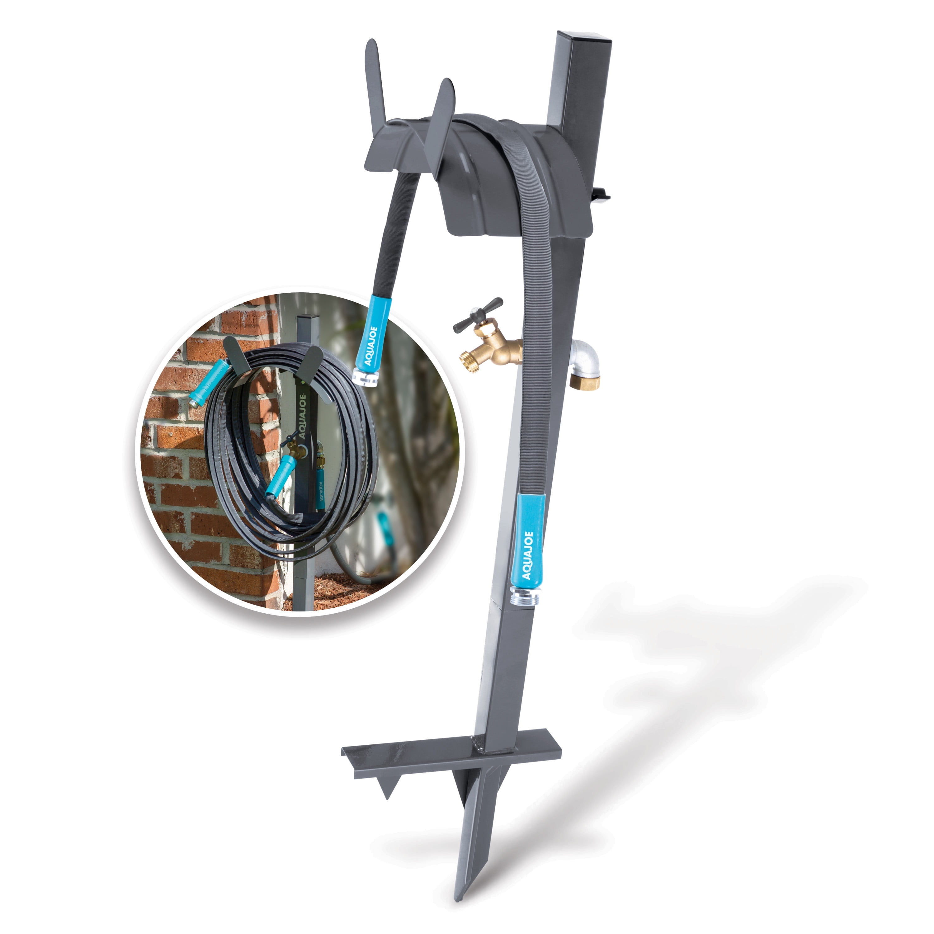 Gray Powder Coated Steel Garden Hose Stand with Brass Faucet