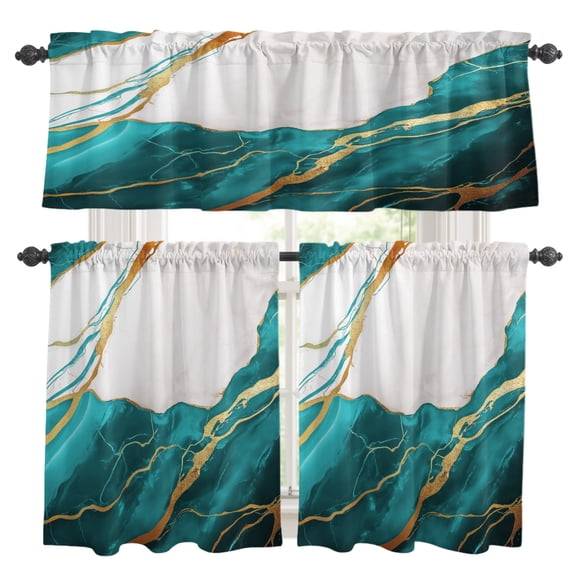 Aqua Kitchen Curtains Valance and Tier Set Marble Texture Rod Pocket Short Curtains for Small Window 3 Pieces Set for Bedroom Bathroom Cafe (54" x 18"+27" x 36")