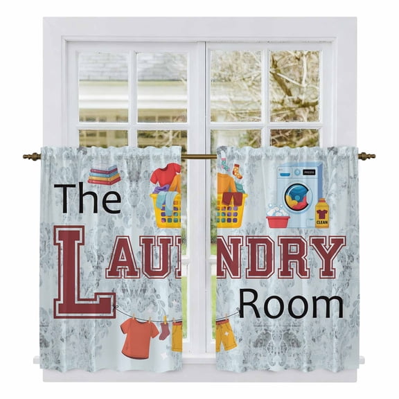 Aqua Laundry Room Kitchen Curtains, Modern Washing Machine Clothes Basket Light Filtering Window Curtain Panels, 2Pcs Rod Pocket Window Treatments Set for Study Room Bathroom Bedroom 52x54 Inches