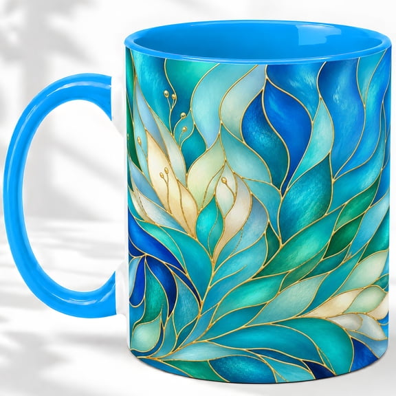 Aqua Leaf Coffee Mug, Stained Glass Botanical Art, Calm Daily Tea Sips