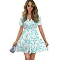 thumbnail image 1 of Aqua Leaves Floral Seamless Pattern Women Dress V-Neck Short Sleeve Flowy Swing Party Midi Dress, 1 of 4