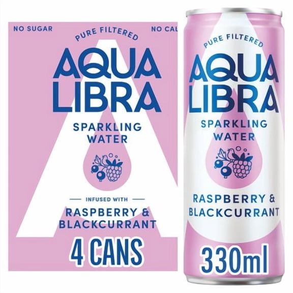 Aqua Libra Raspberry & Blackcurrant Infused Sparkling Water 4 x 330ml, British Import (Pack of 2)