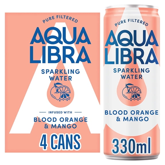 Aqua Libra Sparkling Water Blood Orange & Mango 4 x 330ml, Imported from Britain