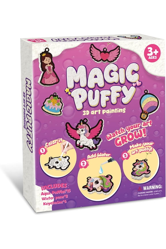 Aqua Magic Puffs 3D Art Kit for Kids, Puffy Paint by Number Craft Set with Markers and Keychains, Unicorn Princess Gift Ages 3-10